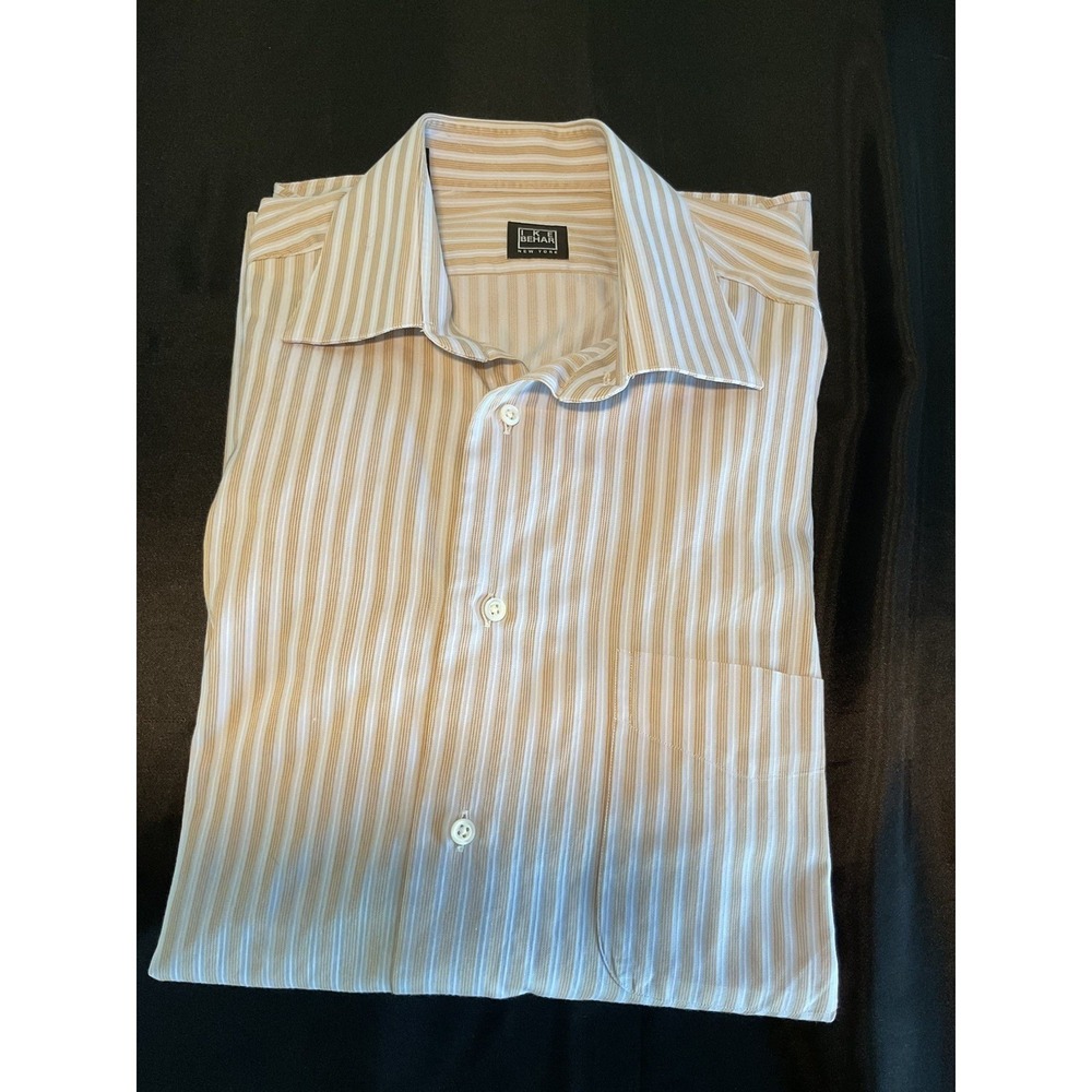 Ike Behar Men's Blue Cream Striped 100% Cotton Long Sleeve Dress Shirt 16 32/33